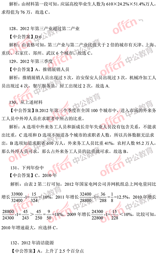 2014年國家公務員考試資料分析 答案解析